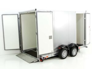 Vezeko Koffer-Absenkanhänger 157x343cm Höhe:190cm 2,7t|silber-Tür rechts
